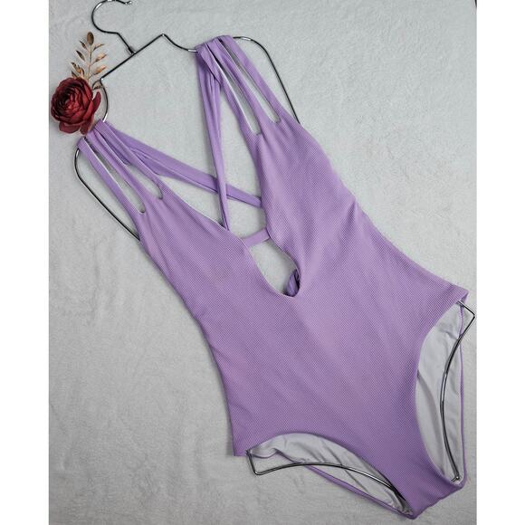 BECCA by Rebecca Virtue Fine Line Rib Skylar Plunge One-Piece Size Medium Purple - Picture 2 of 16